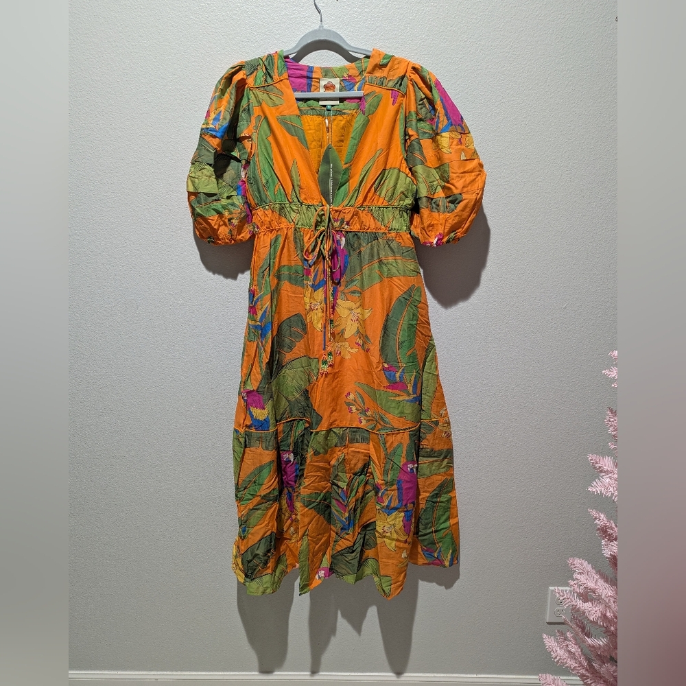 Farm Rio Fresh Macaws Orange Midi Dresss - Picture 1 of 8